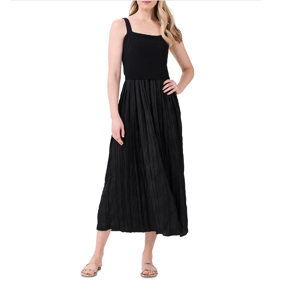 NIC+ZOE Kara Dress Black Onyx Midi‎ Pleated Spaghetti Strap XS